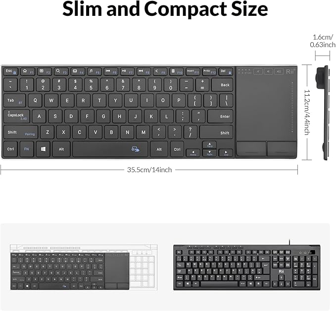 Rii 2.4G Wireless Keyboard,Bluetooth Keyboard(BT 5.1+2.4G),Aluminium Alloy Portable with Touchpad for Computer,PC,Tablet,iPad,Android TV Box,Smart TV,Windows,Mac (Black)