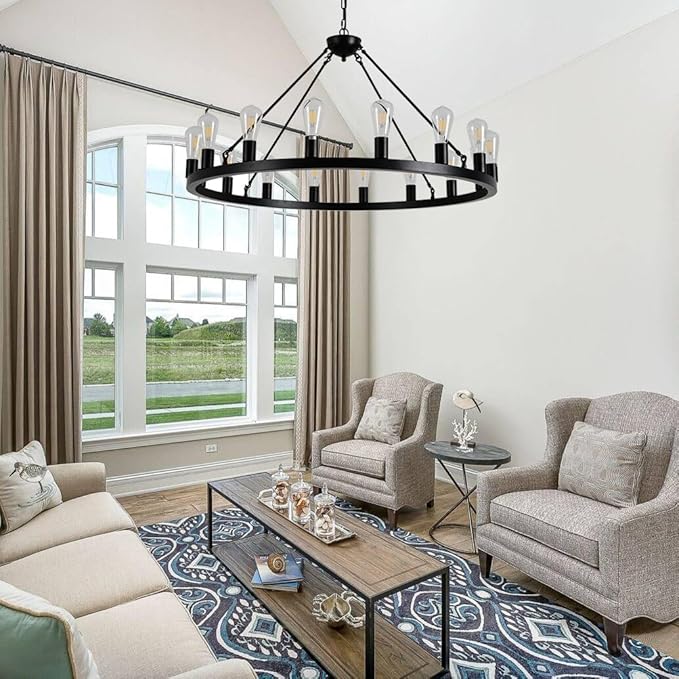 40" Black Wagon Wheel Chandelier,E26 16-Light Large Round Rustic Farmhouse Chandelier Industrial Pendant Light Fixtures for Dining Room Living Room Kitchen Island Entryway Foyer