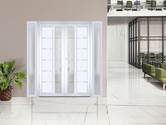 VDOMDOORS Front Exterior Prehung Metal-Plastic Double Doors/MANUX 8088 White Silk / 2 Sidelites Exterior Windows/Residential Doors Entrance Patio Garage 96 x 80