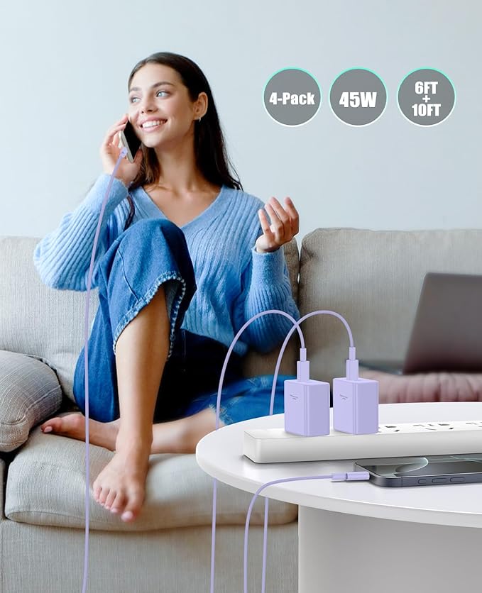 2 Pack 45W Super Fast Charger Type C for Samsung, USB C Android Phone Charger Fast Charging Block with 6FT/10FT Type C Charger Cord for Samsung Galaxy S25/S24/S23/S22+ Ultra/iPhone 17/16/15-Purple
