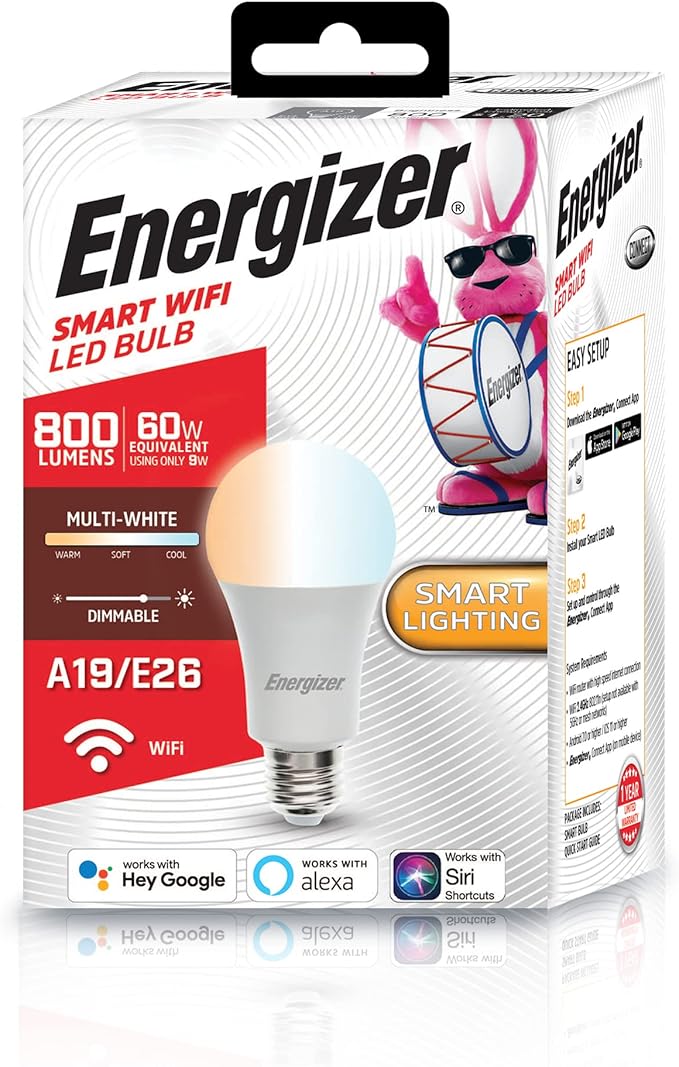 Energizer Connect Smart A19 LED Warm White Light Bulb with Voice Control and Remote Access Through Your Smartphone | Compatible with Alexa and Google Assistant, 4 Pack