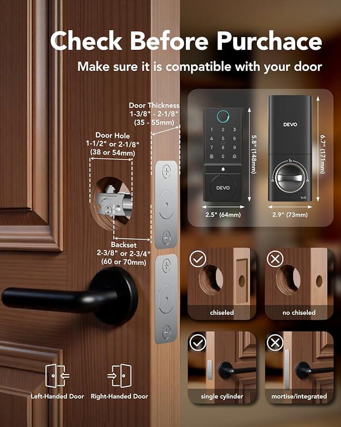 Devo G3 Fingerprint Smart Door Lock, Keyless Entry Door Lock, App Control, Smart Locks for Front Door, Smart Deadbolt Lock, Built-in Wi-Fi, Touchscreen Keypad, 8 Months Battery, IP54 Waterproof