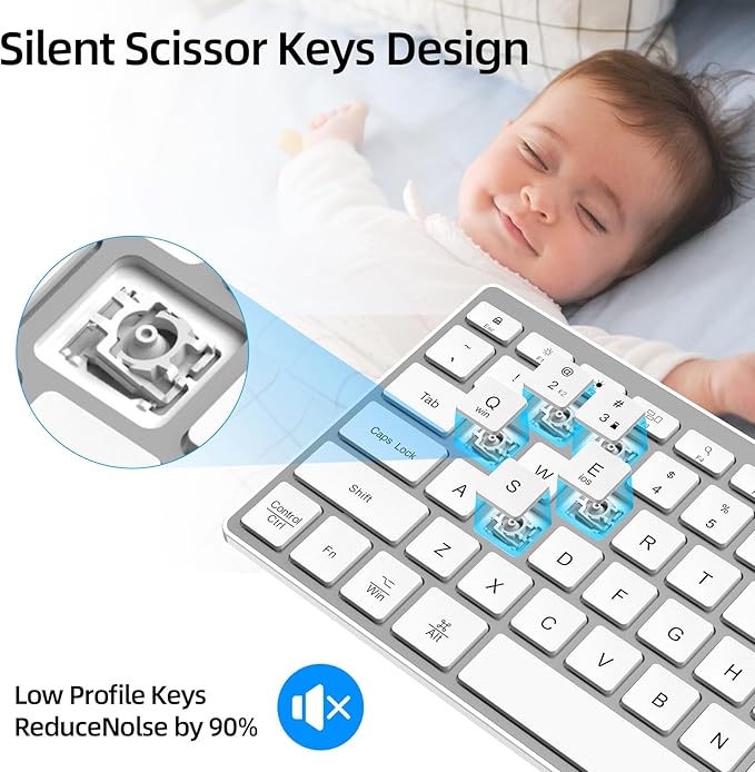 BFRIENDit Wireless Bluetooth Compact Keyboard Ultra - Quiet Chocolate Keys 2.4GHz Connection Slim Wireless Computer Keyboard for Mac, Windows 11/10/8/7/Vista, Microsoft & PC, Smart TV - Silver