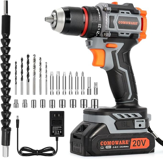 COMOWARE 20V Cordless Drill, Brushless Power Drill Set with 1.5Ah Li-ion Battery & Fast Charger, 23+1 Clutch 1/2" Keyless Chuck Max 38 N.m, Dual Speed Electric Drill Driver Accessories