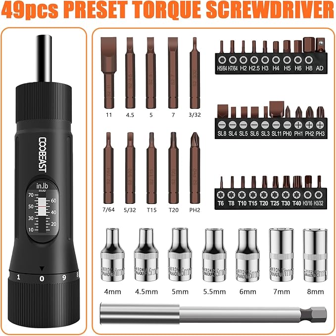 49 Pcs Torque Screwdriver 10-70 Inch Pound Torque Screwdriver Set with S2 Bits & Sockets, 1/4” Drive Torque Wrench Screwdriver Set for Maintenance, Tools, Bike Repairing and Mounting
