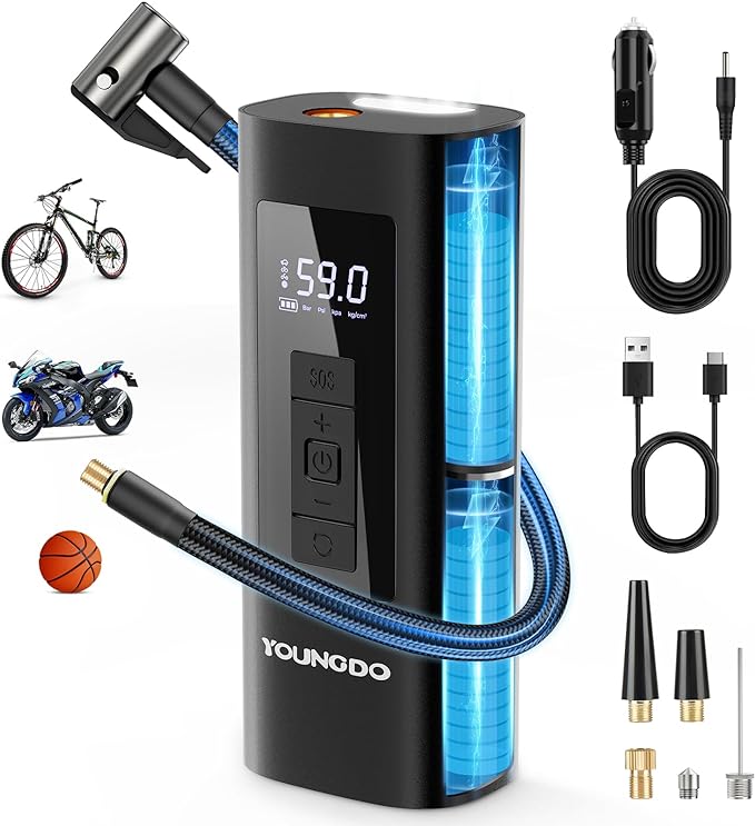 YOUNGDO Tire Inflator Portable Air Compressor, 150 PSI & 6000mAh, Tire Inflator with Pressure Gauge, Quick Inflation for Car,Motorcycle,Bike,Balls, Rechargeable Via USB-C as Torch and Power Bank