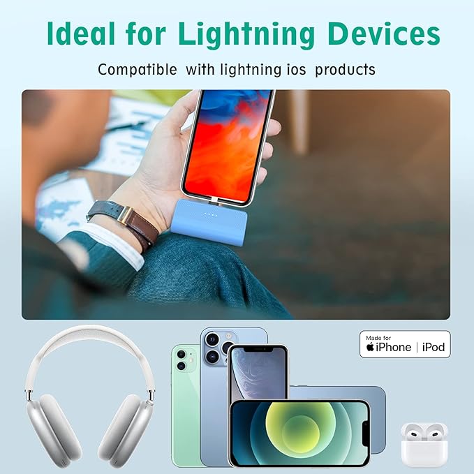 KKD Portable Charger for iPhone, Built-in MFi Certified Plug, 5000mAh Small Portable Phone Charger Power Bank for iPhone 14/13/12/11/XR/X/SE/8/7/6/6s/Pro Max/Plus,iPad,Blue