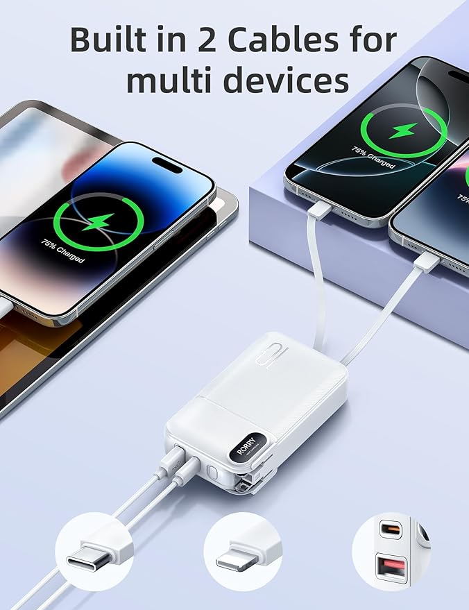 RORRY Portable Charger Built in Cables, AC Wall Plug In Portable Charger Power Bank 10000mAh Travel Battery Pack 22.5W Fast Charging for iPhone 16/15/14 Samsung Galaxy S24/S23/S22 Pixel LG iPad, White