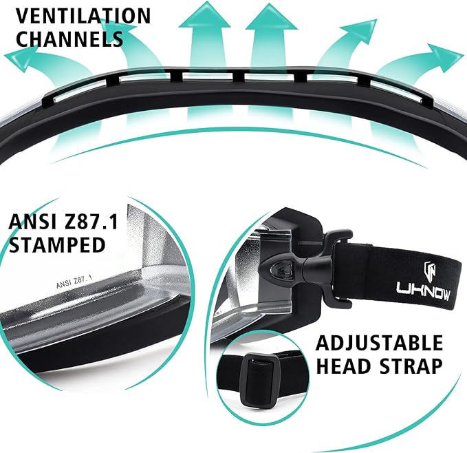 UKNOW Safety Goggles Over Glasses - Anti-Fog Clear Lens - ANSI Z87.1 Certified Eye Protection for Lab Work, Industrial Use