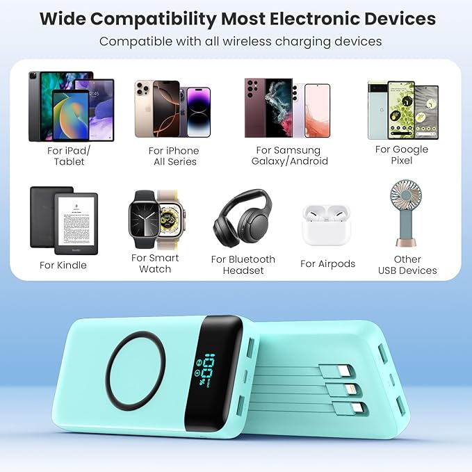 Wireless Portable Charger 40800mAh for iPhone with 3 Built-in Cables,7-in-1 15W Wireless Charging USB C Power Bank,LCD Display 25W PD QC 4.0 Fast Charging Battery Pack for iPhone 16/15/14/13/12-Green