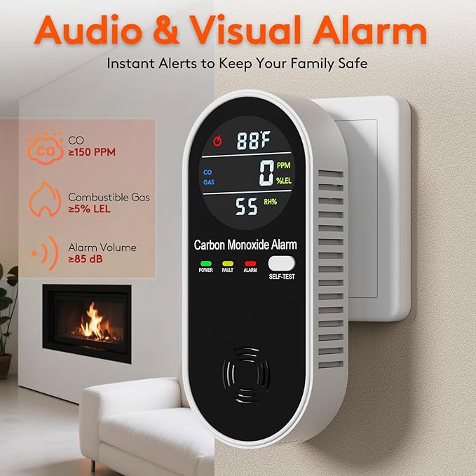 Portable Carbon Monoxide Detectors Plug in 4-in-1 Gas Detector for Home, RV, Hotel Room – Natural Gas & CO Alarm with Temperature & Humidity Display (1 Pack)