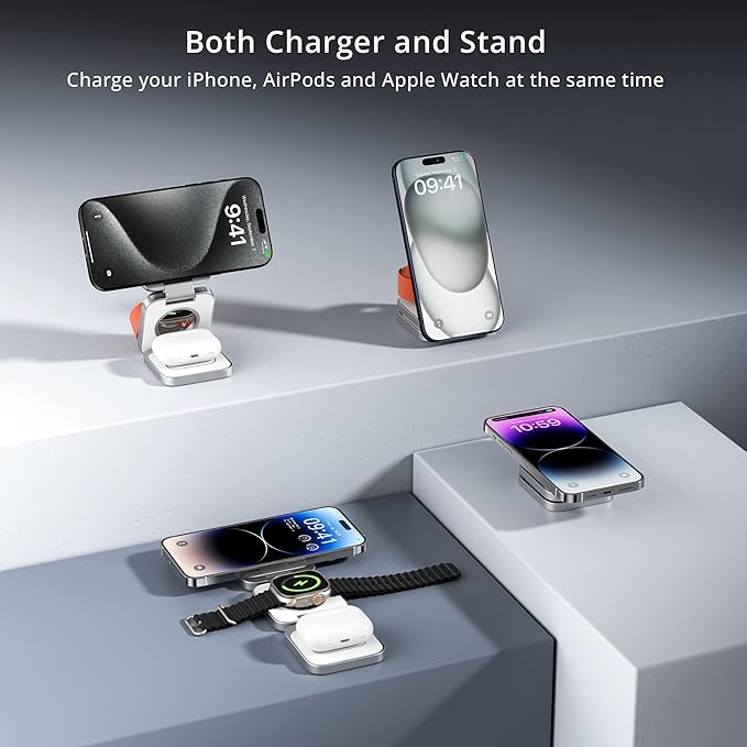 LULULOOK 3 in 1 Wireless Charger, Foldable Charging Station 15W Fast Mag-Safe Charger for Apple 15 14 13 12, 5W for Apple Watch, AirPods 3/2/Pro