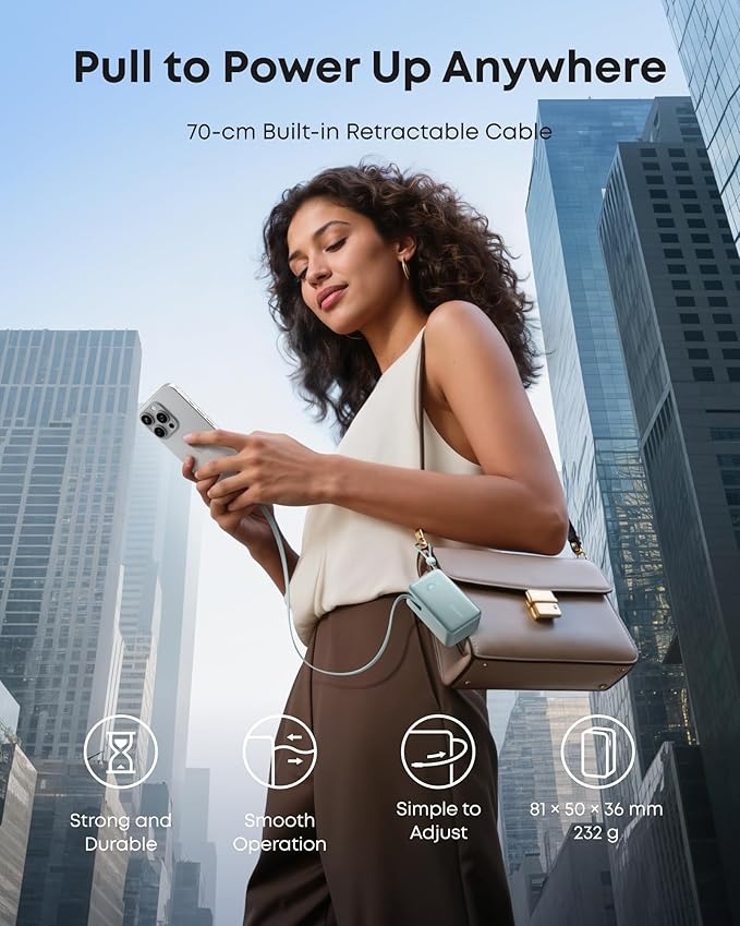 Anker Nano Power Bank, 10,000mAh Portable Charger with 2.3 ft InstaCord Retractable Cable, 45W Max Compact Battery Pack, Smart Display, for iPhone 16 Series, iPad, Galaxy, Pixel, and More