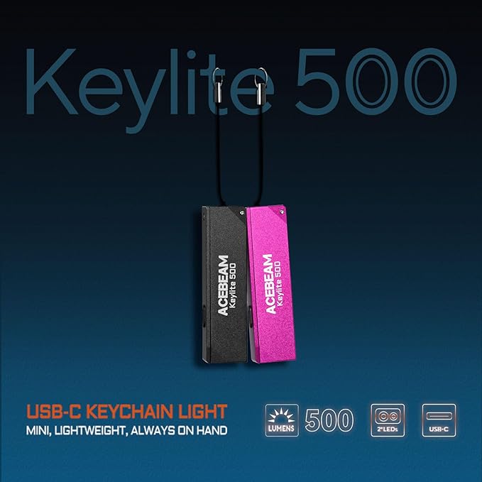 ACEBEAM Keylite 500 High Lumens Keychain Flashlight Rechargeable, Ultra-Compact Flat Pocket EDC Flashlight with Dual LEDs, 6 Modes, Type-C Charging, Small MINI Flash Light for Emergency, Home, Outdoor
