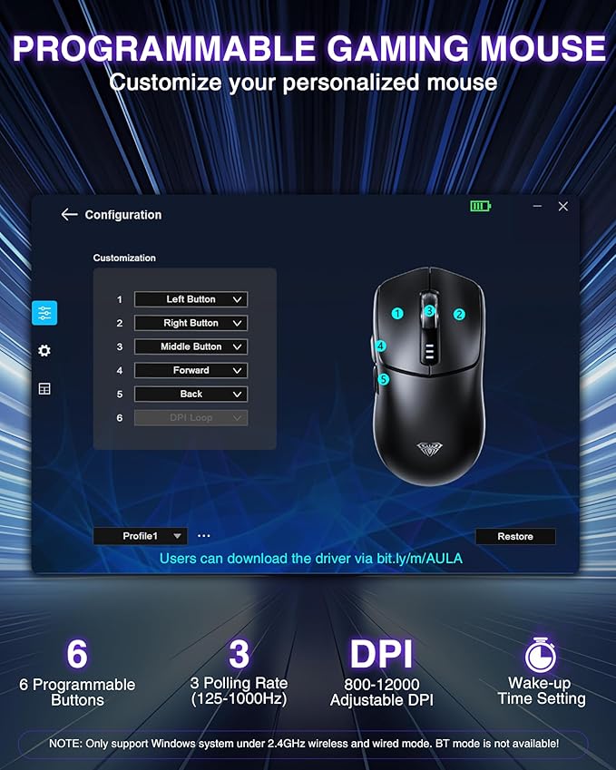 AULA SC580 Wireless Gaming Mouse, Tri-Mode 2.4G/BT5.0/USB-C Gaming Mouse, 12000 DPI Rechargeable Wireless Mouse with 6 Programmable Buttons, Ergonomic Computer Mouse for Laptop/PC/Mac/Tablet