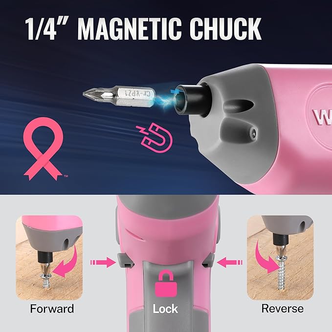 WORKPRO Electric Cordless Screwdriver with Offset Driving Shaft, 3.6V Automatic Rechargeable Screw Driver with 22PCS Bits, Battery Powered Automatic Screw Gun with LED Light & Carry Case - Pink Ribbon