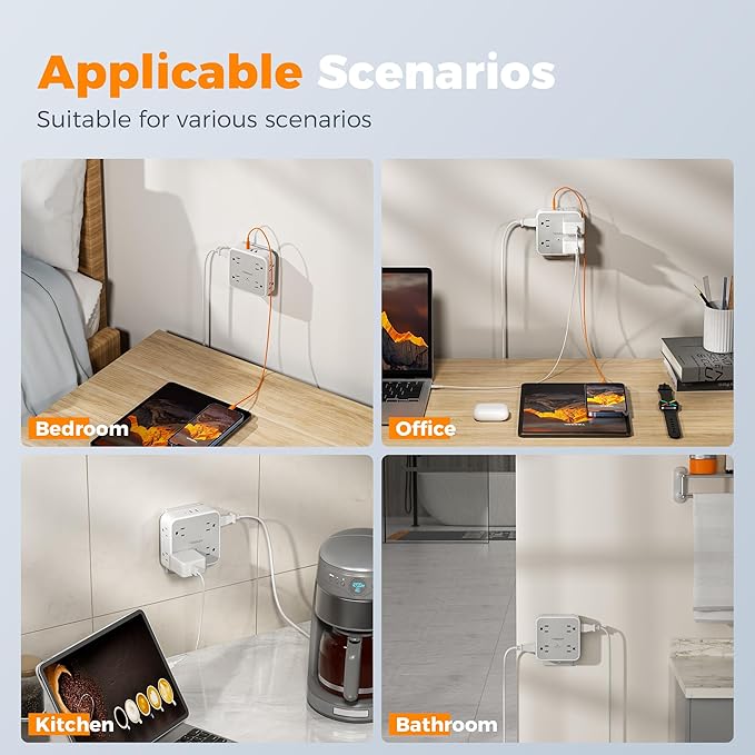 Multi Plug Outlet Extender, TESSAN Outlet Splitter with 8 Sockets and 3 USB (1 USB C), Wall Surge Protector with Power Switch, 3 Sided Multiple Wall Plug Extender for Home, Dorm Room, Office