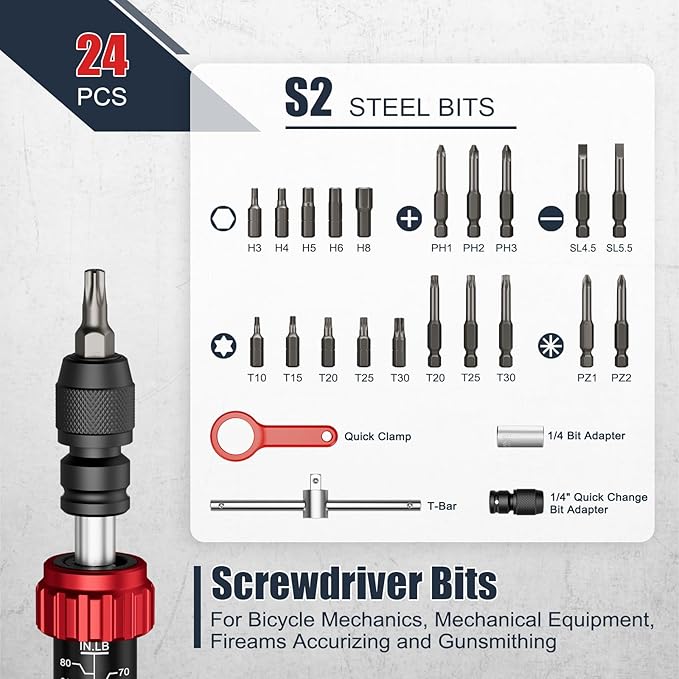 Torque Screwdriver, 24Pcs 10-80 In-lb Torque Wrench Screwdriver Set with Hex, Torx, Phillips, Pozidriv, Schlitz, Bits Adapter, T- Bar Handle, Precision Tool for Bike, Scope Mounting