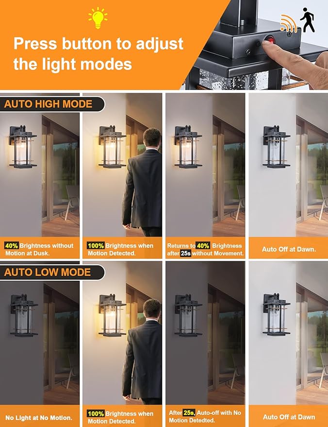 Motion Sensor Outdoor Wall Light Fixture Dusk to Dawn Exterior Wall Sconces Rustic Outdoor Wall Lamp with Seeded Glass Outside Coach Light for House Patio Garage Porch Wall Lights IP65