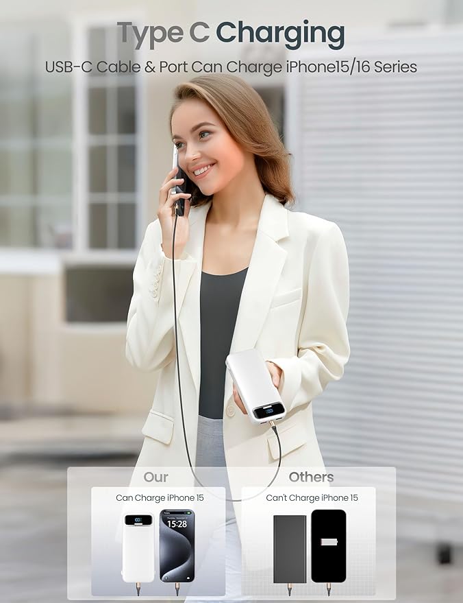 12000mAh Lightweight-Portable-Charger-Power-Bank with Built-in Cables and AC Wall Plug, PD20W USB-C Fast Charging Battery Pack, LED Display External Travel Phone Charger for All iPhone,Samsung,Android