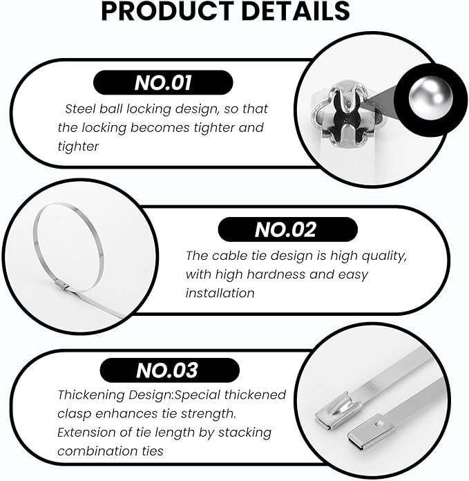 11.8 Inch 100 Pcs Stainless Steel Metal Zip Ties – Heavy Duty Outdoor Cable Ties with Self-Locking Design for Machinery, Vehicles, Farms, Pipes, Roofs, Cables