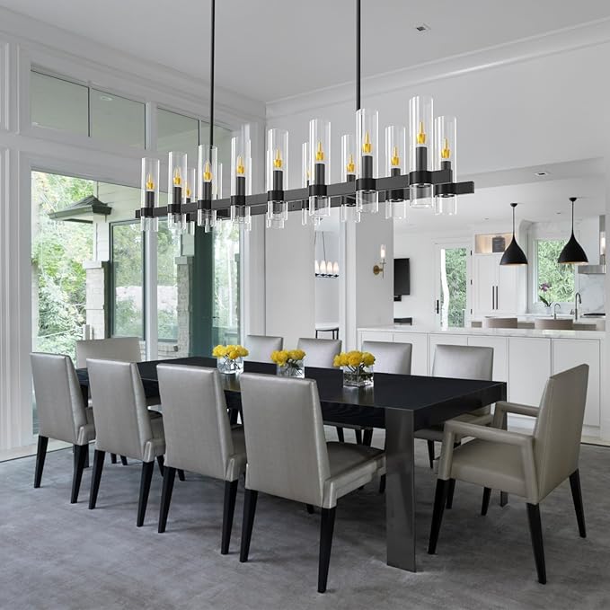 Modern Black Island Rectangle Chandelier with Clear Glass,63” Adjustable Height Modern Linear Light Fixture 16 Light Dining Room Chandelier Over Table for Dining Room Kithen Island
