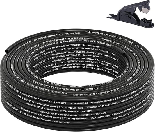 100FT 1/8 DOT Air Line SAE J844 PA12 Nylon Air Hose with Cutter 1/8” OD Pneumatic Tubing DOT Approved 1/8 Air Brake Hose for Air Suspension Kit Truck Trailer Brake System & Fluid Transfer 30.5m