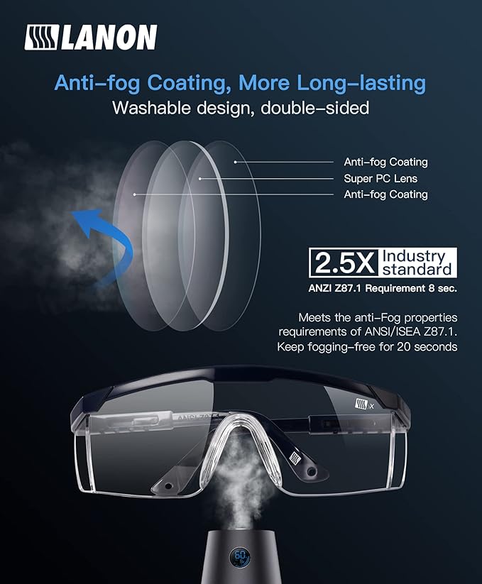 LANON Anti-Fog Safety Goggles with Ajustable Temples, 2.5 Times ANSI Z87.1 Double-sided Antifog, Side Protection, High Transmission, Lightweight & Comfortable Safety Glasses.