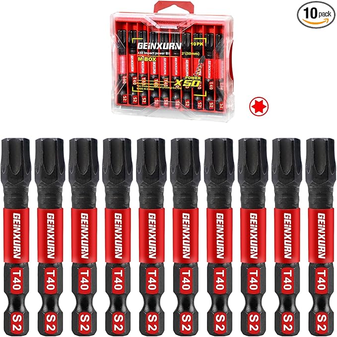 10Pieces 2 In. T40 Impact Tough Magnetic Screwdriver Bit Set, #40 Torx Head Power Bits, S2 Alloy Steel Star Bits with Storage M-Box
