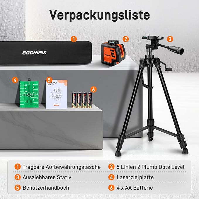 360° Laser Level with Tripod 5 Lines Laser Level 2 Plumb Dots Self Leveling Green Line Laser Level Tool for Construction, Floor Tile Included Target Plate, Battery, Carry Bag, Black + Orange