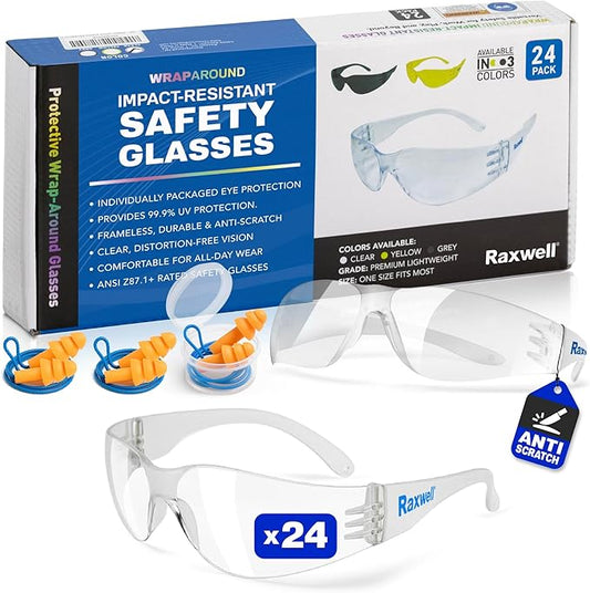 Raxwell Clear Safety Glasses, ANSI Z87.1, Wraparound, Anti-Scratch, Impact-Resistant, Eye Protection for Work & DIY