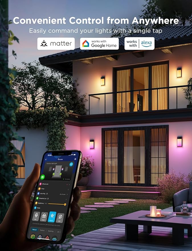 Govee Outdoor Wall Light, 1500LM Smart RGBIC Porch Lights Outdoor with 45 Scene Modes, IP65 Waterproof for Outdoor Decor, DIY Lighting Effects, Works with Alexa, Google Assistant and Matter, 2 Pack