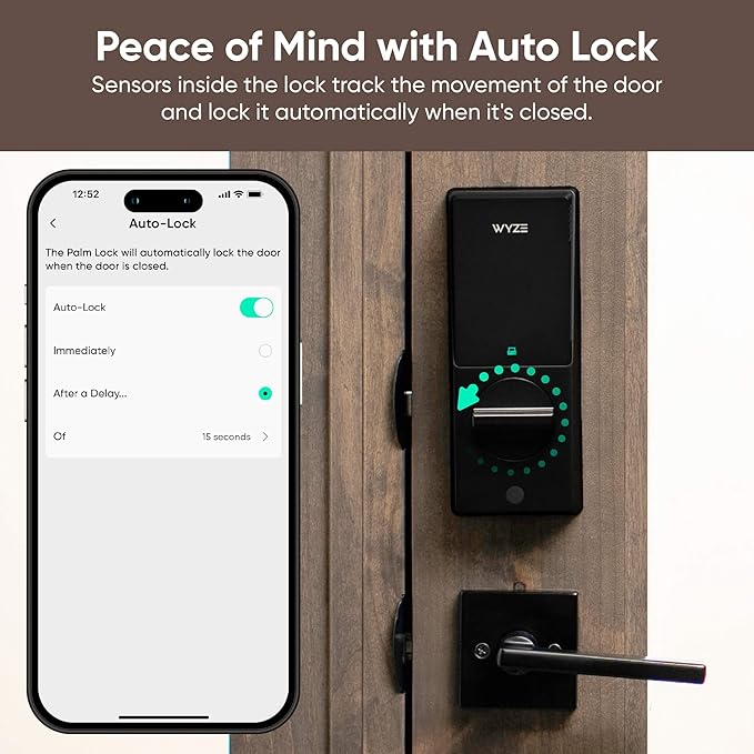 Wyze Palm Lock, Smart Door Lock with Palm Vein Recognition, Keyless Entry Smart Locks for Front Door, Keypad, Auto Lock, Dual Battery, Wi-Fi, Works with Alexa & Google, BHMA, IP53, Mechanical Key