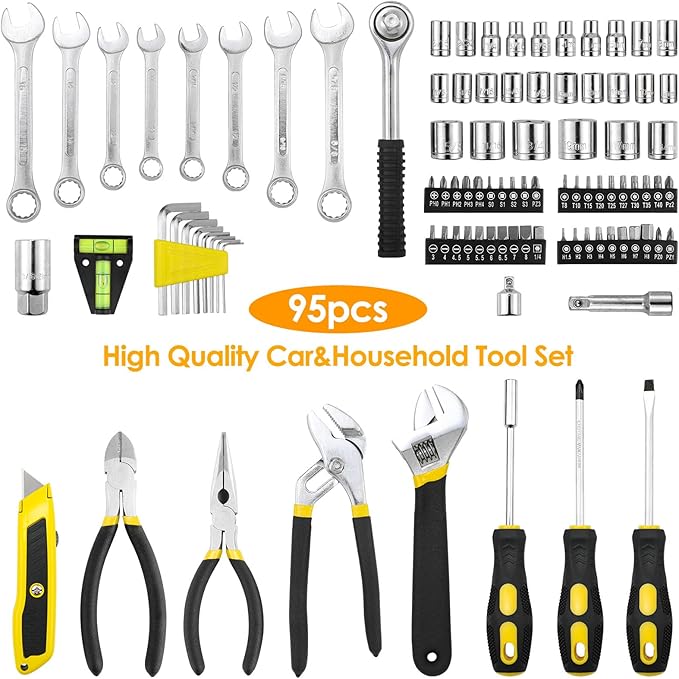TLGREEN 95 Piece Tool Set, Tool Kit, Mechanics Tool Set, Portable Toolbox with Adjustable Wrench Pliers Socket Bits, with Plastic Toolbox Storage Case, for House Apartment Garage (Yellow)