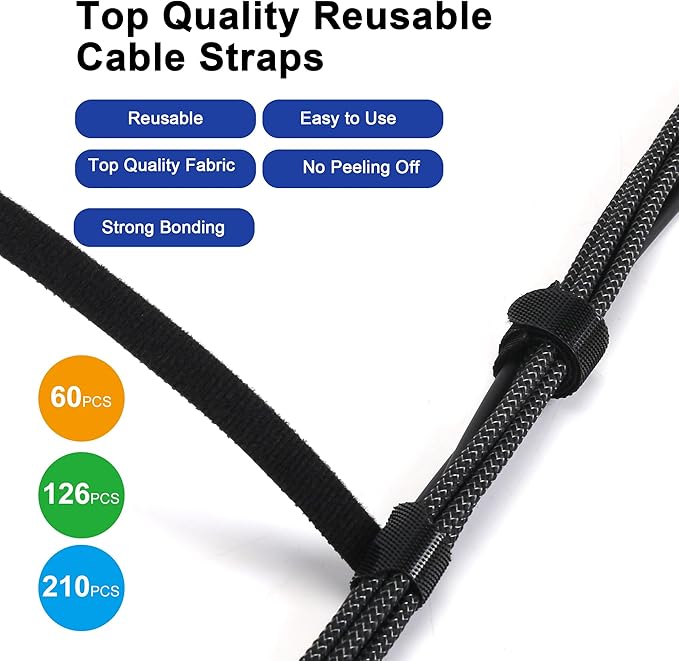 Reusable Cable Ties, 210 PCS 6 Inches Adjustable Cord Straps Wire Organizer Cord Wrap and Hook Loop Cable Management