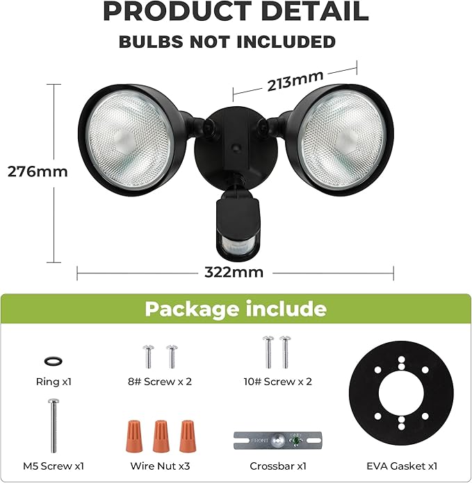 Motion Sensor Outdoor Light, 300W PAR38 Bulb Compatible, IP65 Waterproof Flood Lights, 2 Head Dusk to Dawn Motion Detected Security Light for Patio, Garage, Yard (Black, Bulbs not Included)