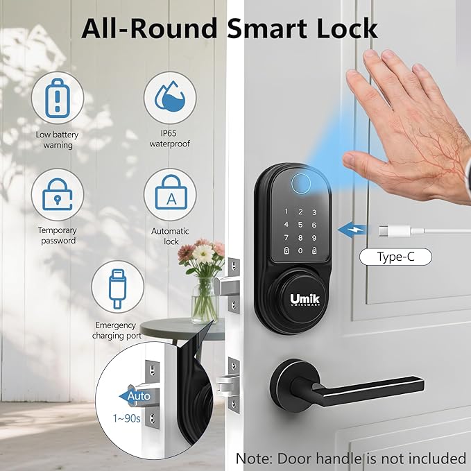 Smart Door Lock with Palm Vein, 5 in 1 Keyless Entry Door Lock, Electronic Keypad Deadbolt for Front Door, IP65 Waterproof, Easy Install, Auto Lock (Black)