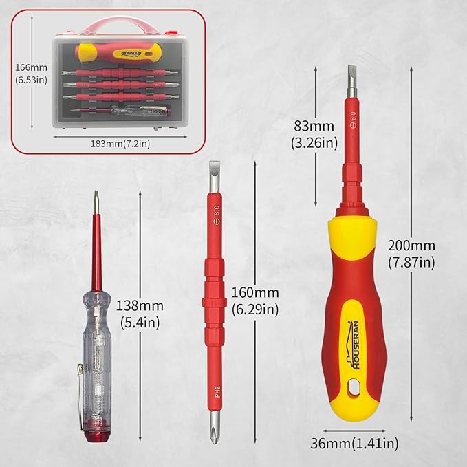 Insulated Screwdriver, HOUSERAN 5 Pcs Screwdriver Set, Electrician Tools Kit with Case, 1000V, Screw Driver with Interchangeable Blades, Electrical Screwdriver for Men Household Repair