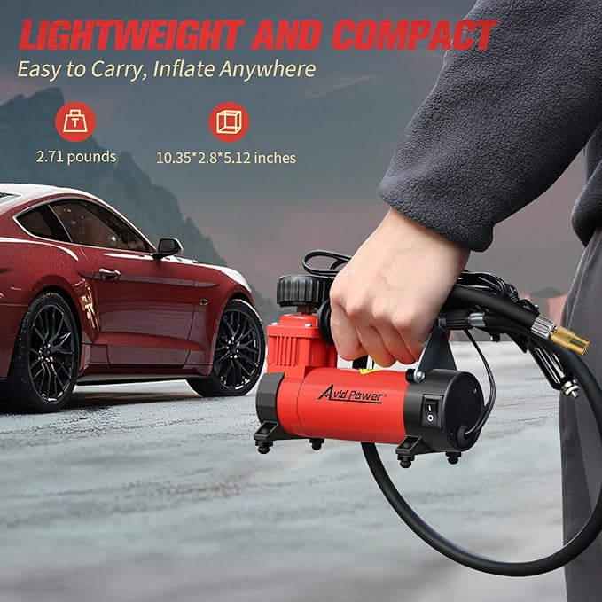 AVID POWER 12V DC Tire Inflator Portable Air Compressor, Compact Air Pump w/Copper Motor, Easy Operation 12V Tire Pump w/Carrying Case & 3 Adapters