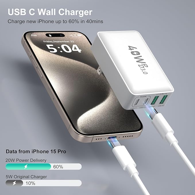 USB C Charger Block, Excgood 40W 4-Port Flat USB Wall Charger Adapter Multiport Dual PD+QC Foldable Slim Fast Charging Plug Compatible for iPhone 16 15 Pro Max 14 13 iPad Watch Galaxy S23,2Pack White