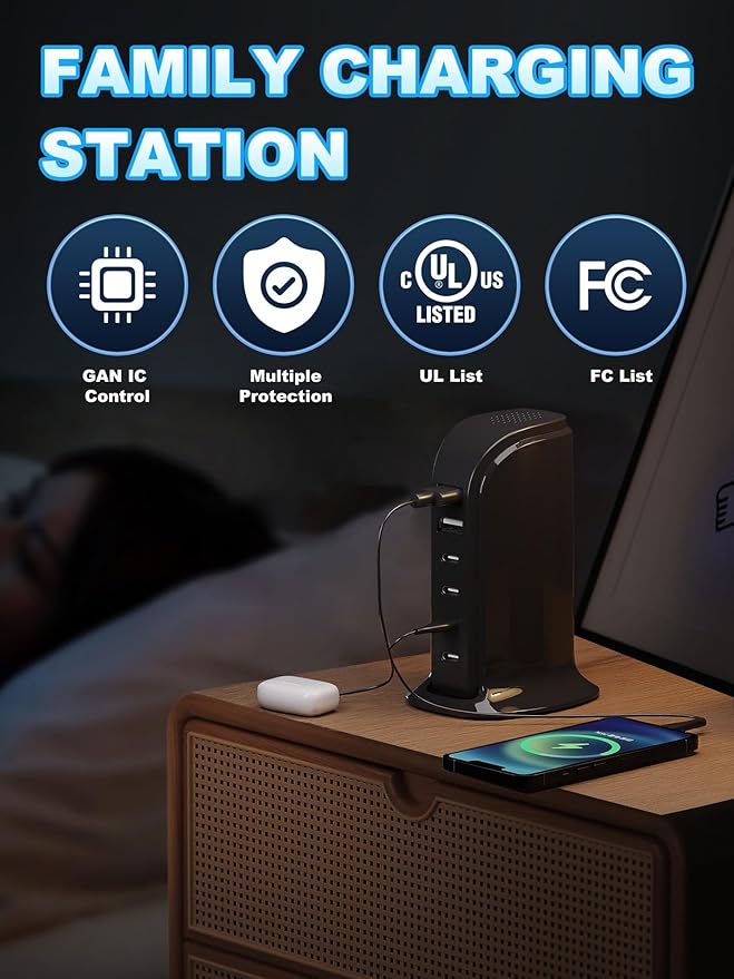 USB Charger, Charging Station for Multiple Devices 65W, Fast Charging Blocks with 4Type C Ports, Dual USB Charging Hub Organizer Multiport for iPhone, Ipad, Smartphones, Travel Accessories (Black)