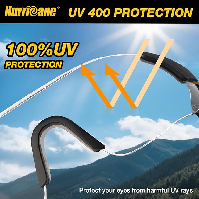 HURRICANE UV400 Safety Glasses, Clear Lens, Lightweight Protective Goggles with Anti-Fog & Anti-Scratch Coating, Adjustable Nylon Frame & Flexible Temples for Work, Lab, Construction, Workshop & More
