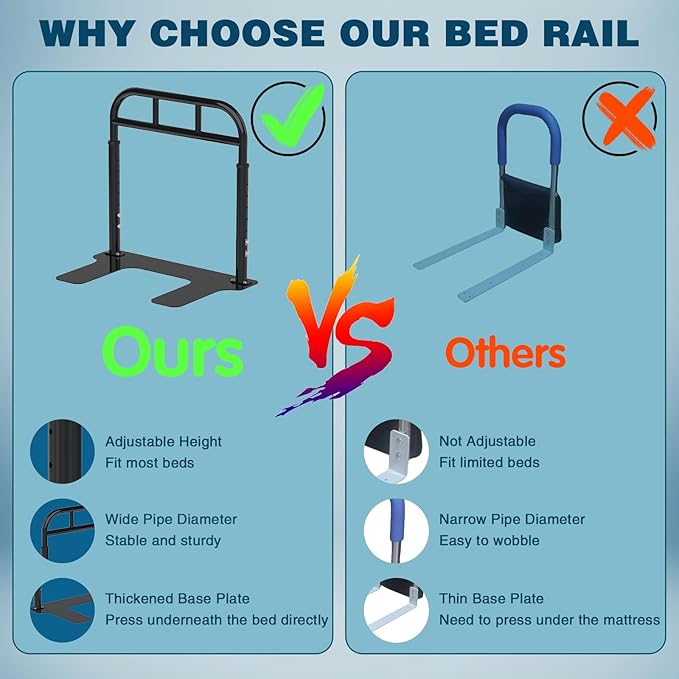 Bed Rail for Elderly Adults Safety, Heavy Duty Bed Rail with 6 Adjutsable Heights, Bed Assist Rail for Seniors, Twin, Queen, King Size Bed (400 LBS Loading, Black)