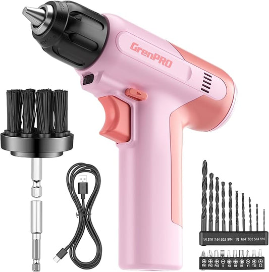 Cordless Drill, 7.2V Power Drill Set with 23pcs Acessories, 3/8" Keyless Chuck, Built-in LED, Type-C Charge Cable, Cleaning Brush Head, Pink Electric Screwdriver for Women