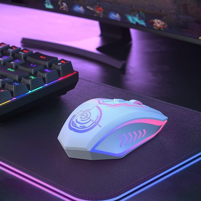 UHURU Gaming Mouse, Wireless Gaming Mouse with 6 Buttons 7 Changeable LED Color up to 10000 DPI, Rechargeable USB Gamer Mouse for PC Laptop (White)