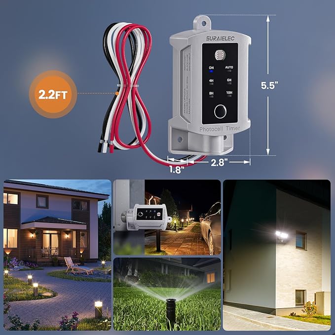 SURAIELEC 15 AMP Dusk to Dawn Timer Switch for Outdoor Electrical Boxes, 120V Photocell Power Control, for Waterproof Outlet Junction Box, Outside Lighting, Security System, Holiday Decorations