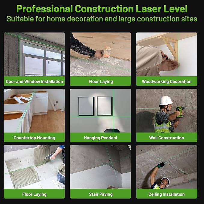 Huepar W04CG 4D Bluetooth Self Leveling Laser Level with Receiver, Up to 400ft Long Distance or Outdoor, 4x360° Green Beams for Construction, Tiling, Framing, Drop Ceiling, Floor Installation
