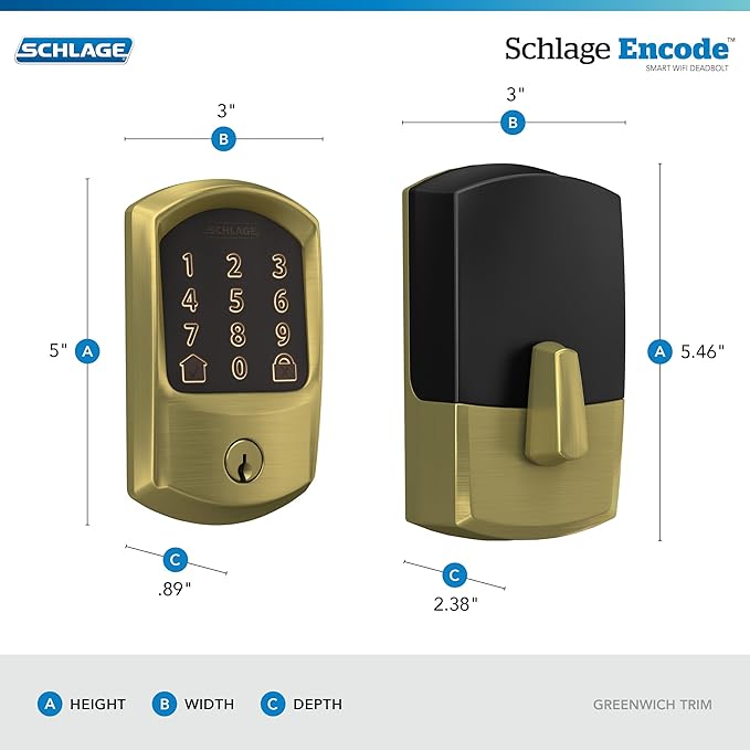 Schlage Encode Smart WiFi Deadbolt Lock for Front Door - Keyless Entry with App or Touchscreen - Compatible with Alexa, Hey Google, & Airbnb - Create Codes for Guests - Satin Brass Gold