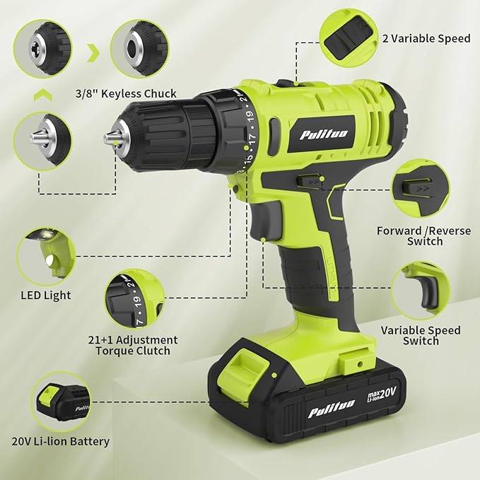 PULITUO'S 20V Cordless Drill/Driver, Electric Screwdriver - 2 Batteries, 30Nm, 21+1 Torque, 2 Speed, Keyless 3/8" Chase Drill with LED Light, Kit for Home (Green)