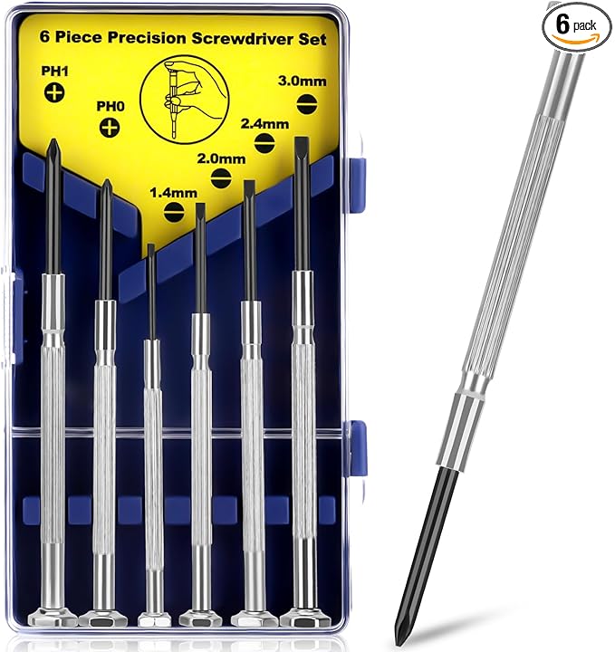 6PCS Small Screwdriver Set, Soodeei mini screwdriver set with 6 Different Size Flathead and mini Philips, Premium Tiny Screwdriver for Watch, Toys, Computer, Jewelry, Repair Set.